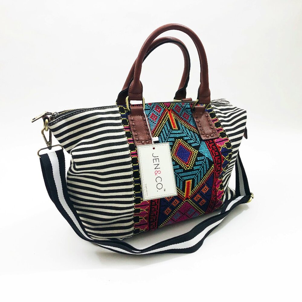 Jen & Co JoJo Aztec Woven Printed Style Black & White Stripes 13.5x12x5.5 inch